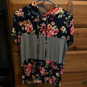 Navy Floral Stripe Hooded Top with Pink Blooms